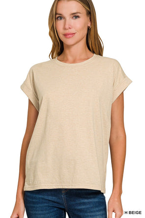H Beige Round Neck Folded Short Sleeve T-shirt