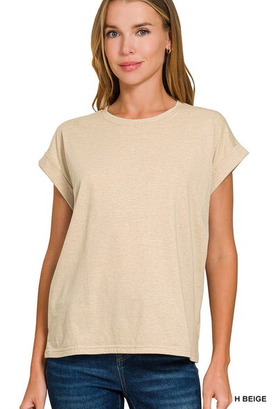 H Beige Round Neck Folded Short Sleeve T-shirt