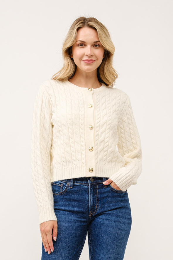 Ivory Cable Knit Cardigan w/ Gold Buttons