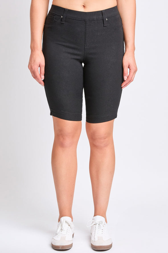Black Hyperstretch Mid Rise Pull-on Bermuda Shorts