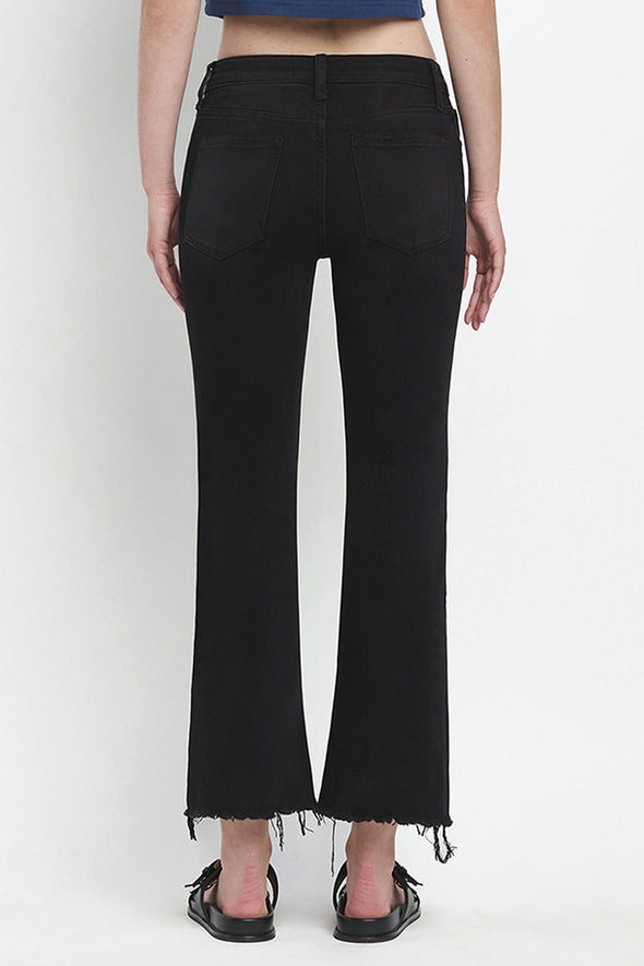 Black Mid Rise Raw Distressed Hem Crop Flare Jeans
