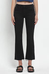 Black Mid Rise Raw Distressed Hem Crop Flare Jeans