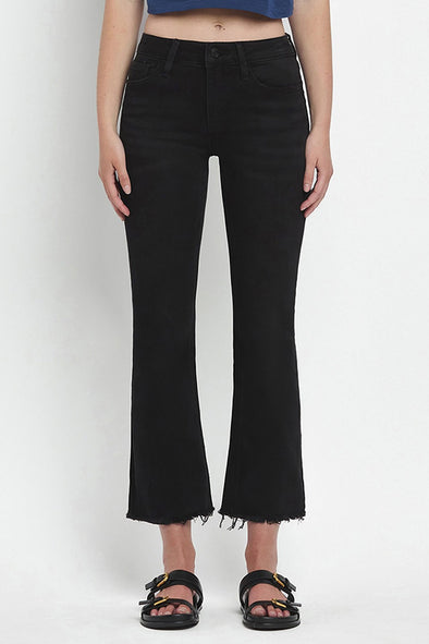 Black Mid Rise Raw Distressed Hem Crop Flare Jeans