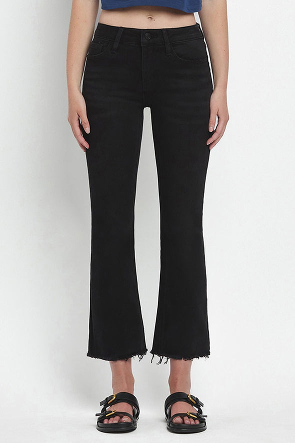 Black Mid Rise Raw Distressed Hem Crop Flare Jeans