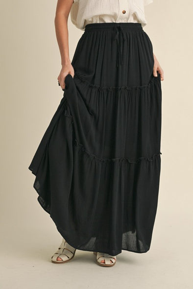 Black Solid Tiered Maxi Skirts