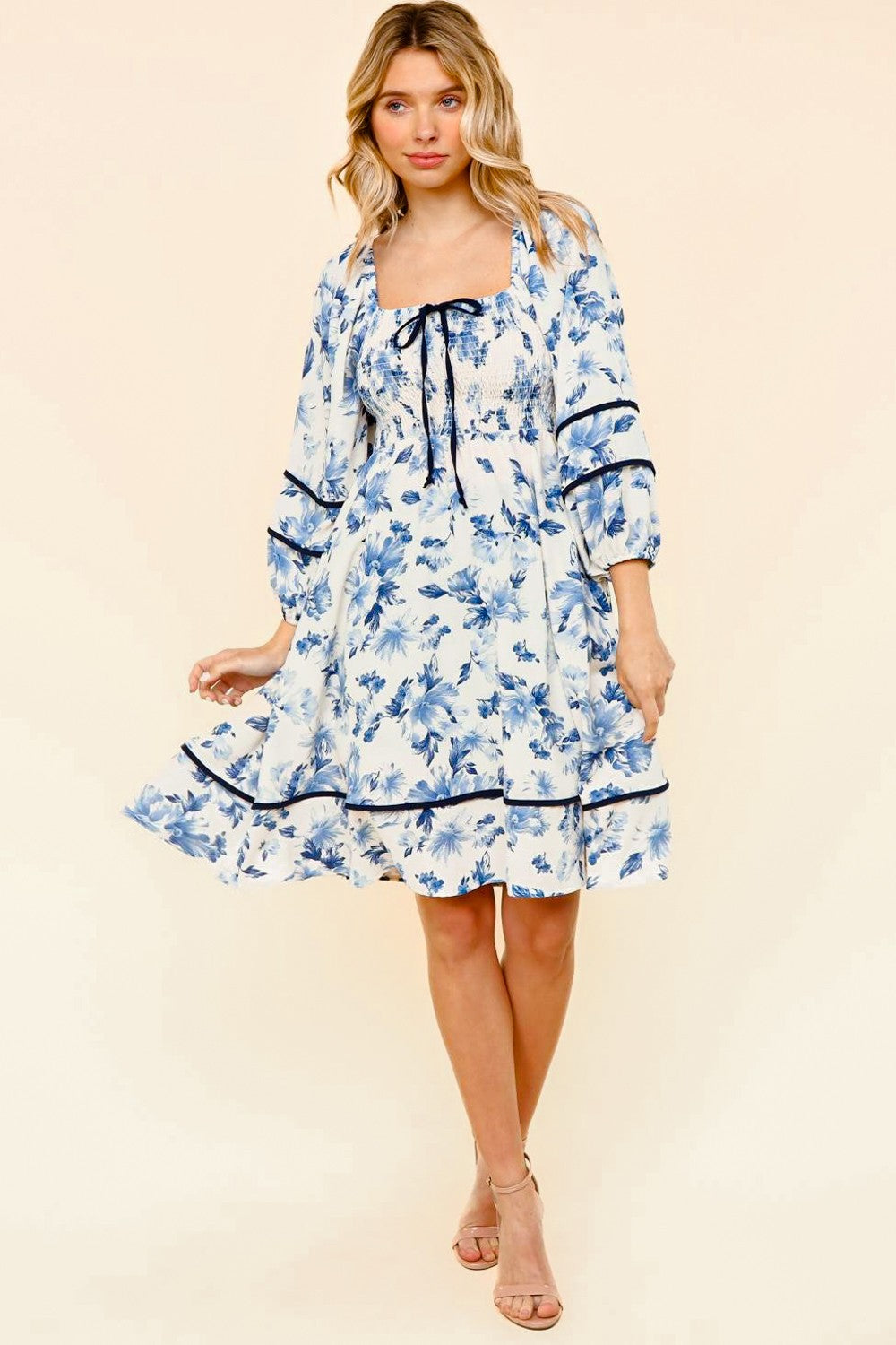 Blue and White Square Neck Navy Contrast Knee Length Dress Grace At Home Treasures Blue and White Square Neck Navy Contrast Knee Length Dress Grace At Home Treasures