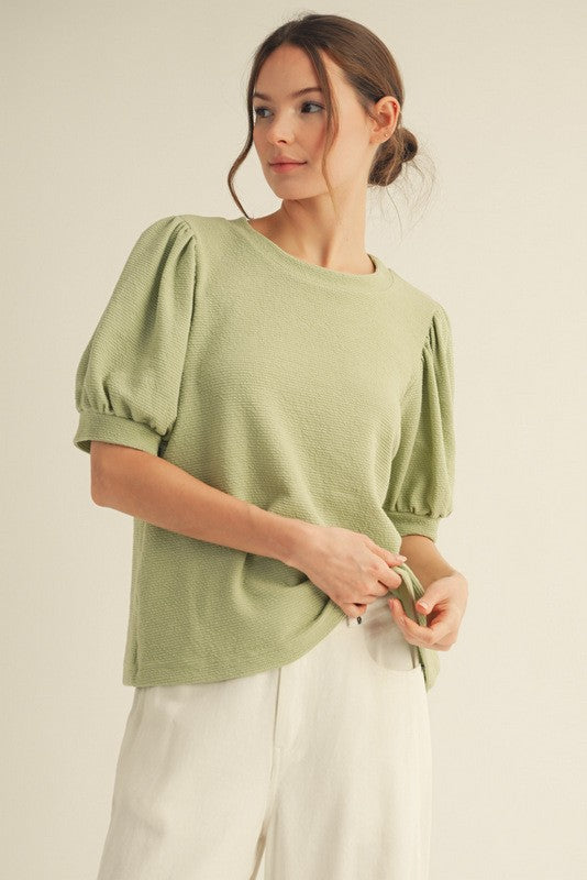 Sage Short Puff Sleeves Textured Top