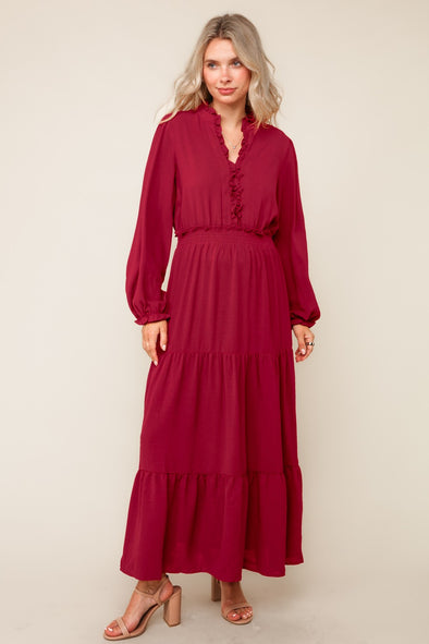 Wine Smocked Waist Tiered Midi Dress