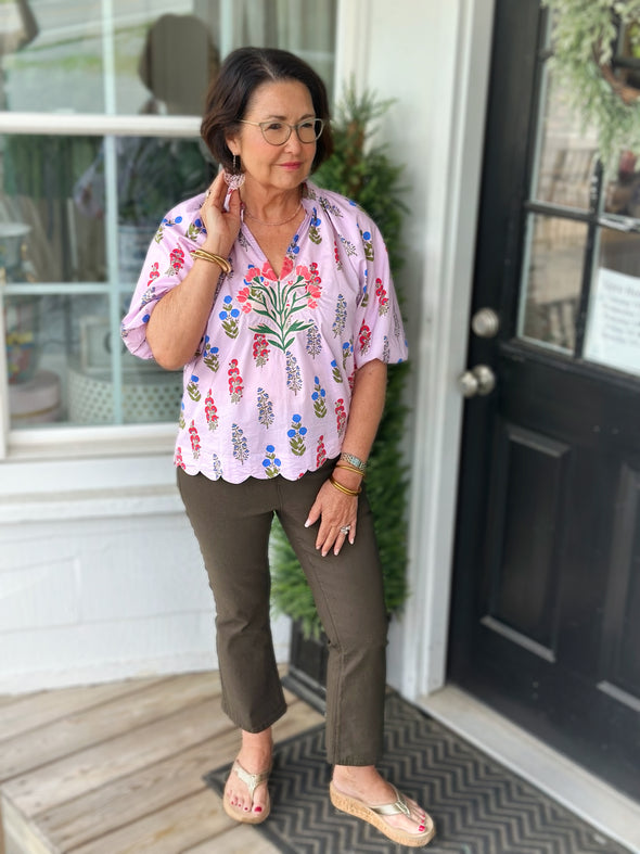 Lilac Floral Puff Sleeve Top w/ Scallop Hem