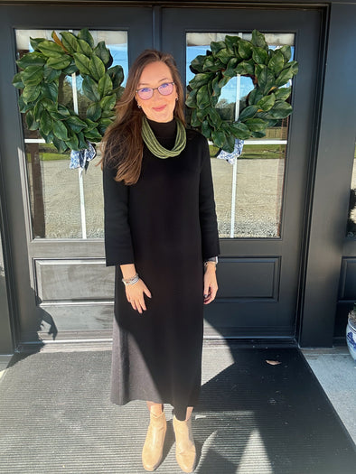 Black Mock Neck Long Sleeve Knit Midi Dress