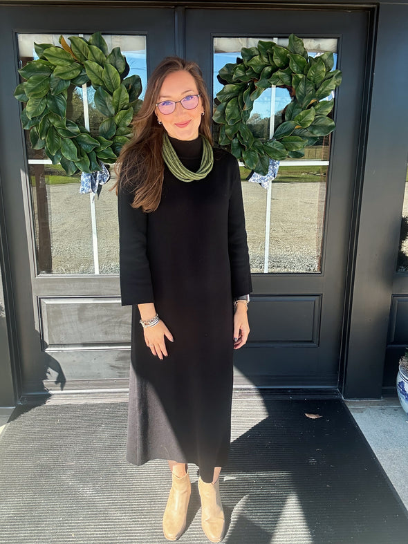 Black Mock Neck Long Sleeve Knit Midi Dress