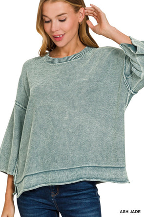 Ash Jade Washed 3/4 Sleeve Boxy Sweater