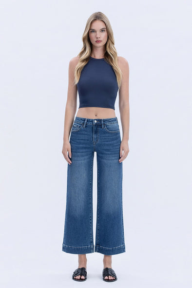 High Rise Trouser Hem Wide Leg Jeans