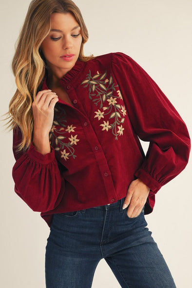 Burgundy Floral Embroidered Corduroy Shirt