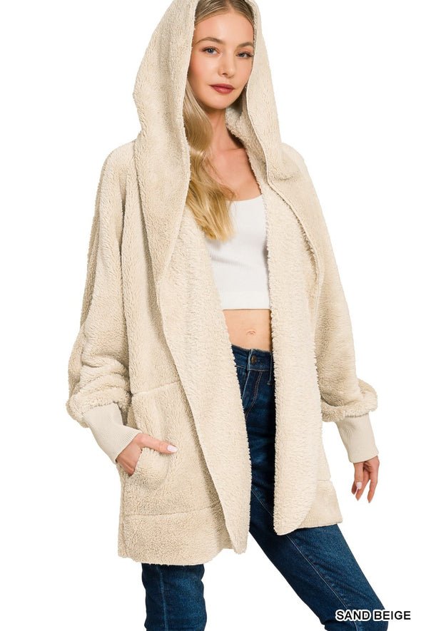 Sand Beige Hooded Faux Fur Jacket With Pockets