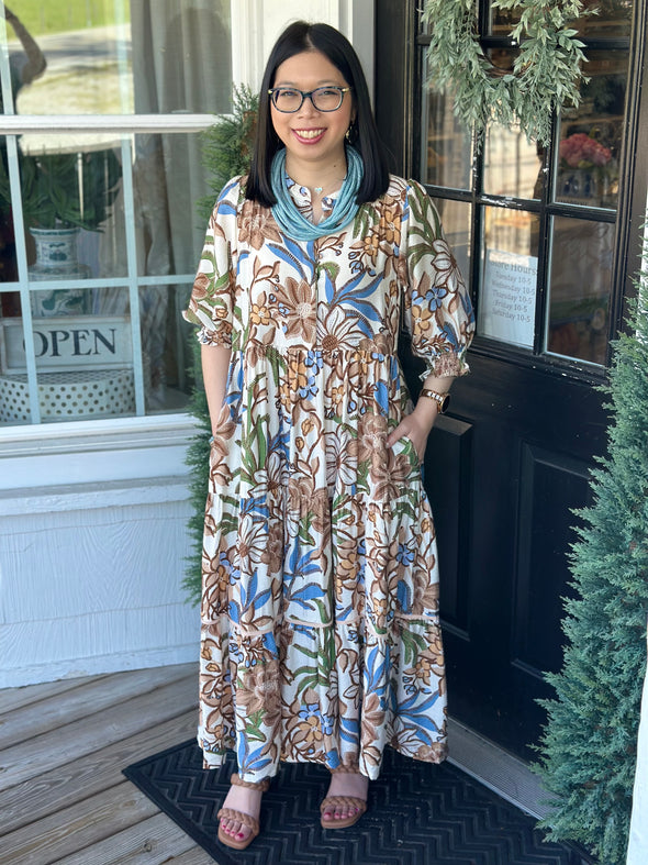Latte Mix Floral Tiered Midi Dress
