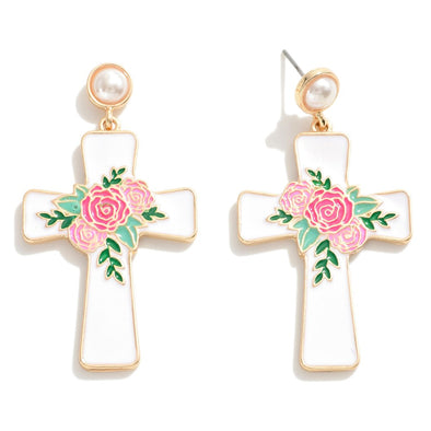 White Enamel Cross w/ Flower Earrings