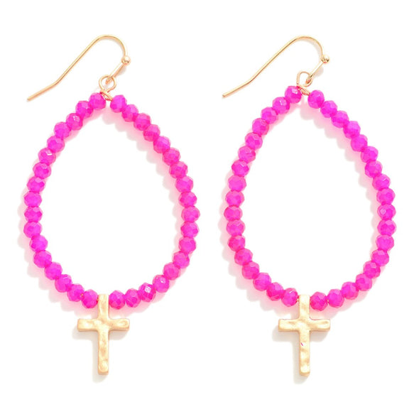 Oval Beaded Cross Drop Earrings (3 colors)