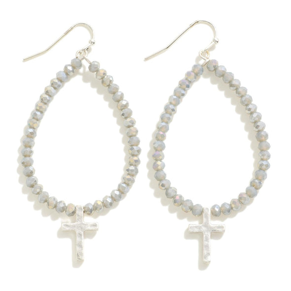 Oval Beaded Cross Drop Earrings (3 colors)