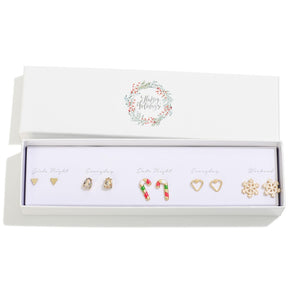 Set of Five Christmas Stud Earrings Featuring Snowflake & Candy Cane
