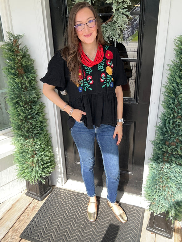 Black Embroidered BabyDoll Top
