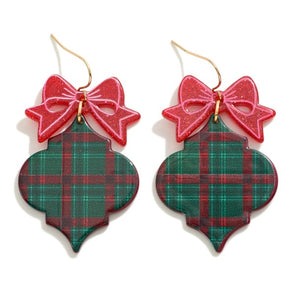 Green Christmas Plaid Ornament Earrings