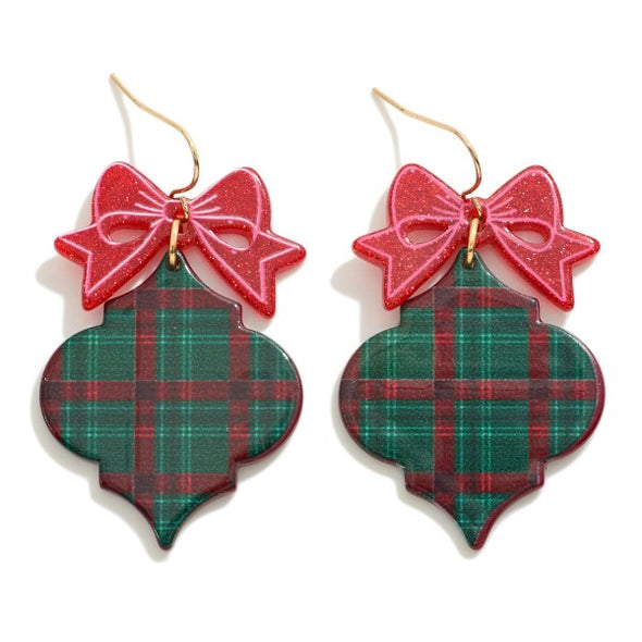 Green Christmas Plaid Ornament Earrings