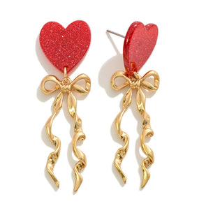 Red Glitter Heart Bow Drop Earrings