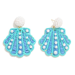 Blue Raffia Shell Earrings
