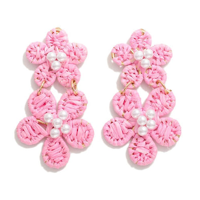 Pink Raffia Flower Drop Earrings