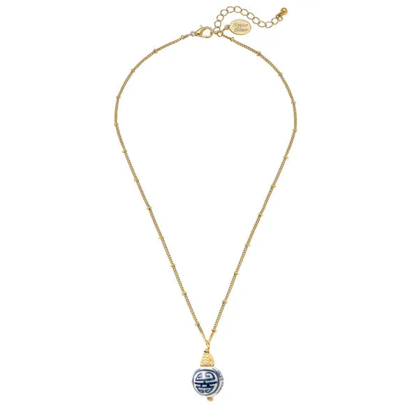 Blue & White Porcelain Bead On Dotted Gold Chain Necklace