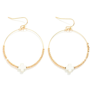 Gold Beaded Hoop Earrings W/ White Dainty Coated Cross Bead