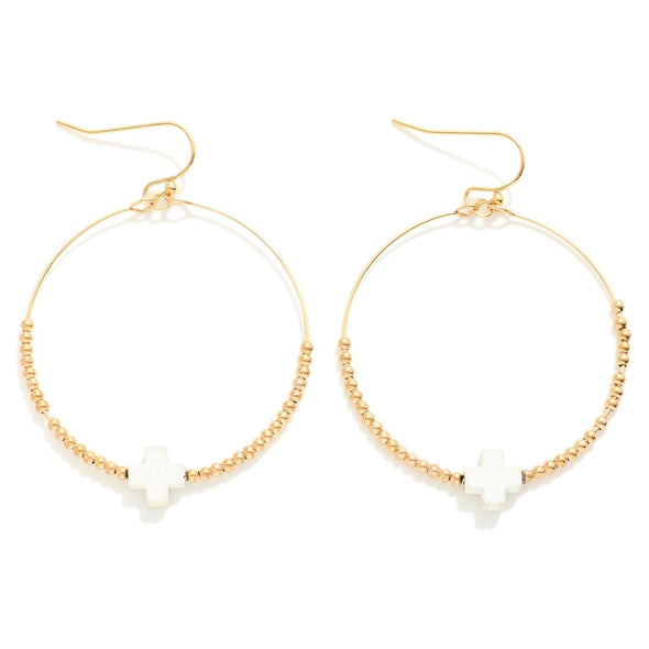 Gold Beaded Hoop Earrings W/ White Dainty Coated Cross Bead