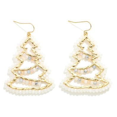 White Beaded Christmas Tree Earrings