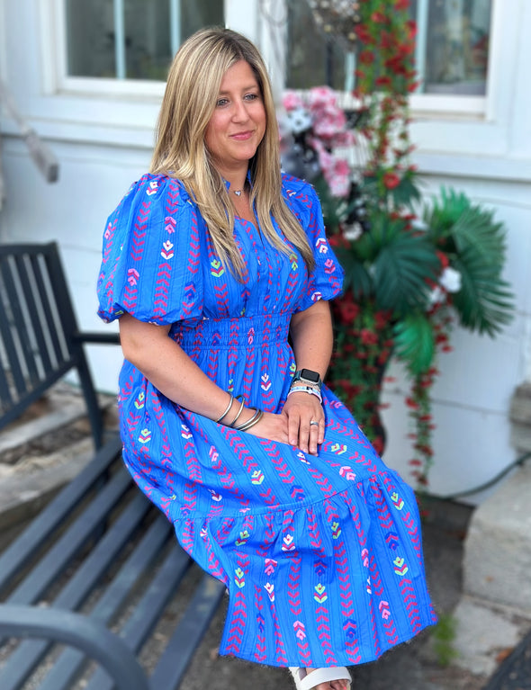 Blue Smocked Waist Puff Sleeve Midi Dress