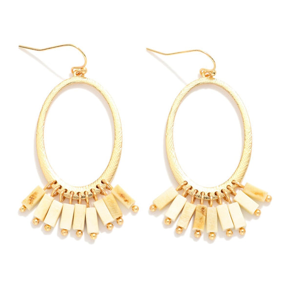Oval Square Wooden Bead Tassel Earrings