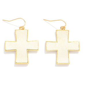 White Leather Cross Drop Earrings