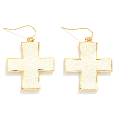 White Leather Cross Drop Earrings