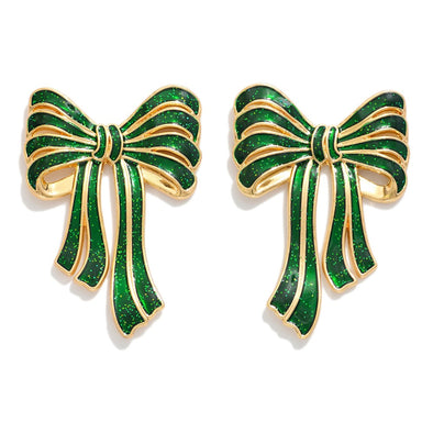 Green Metal Glitter Bow Stud Earrings