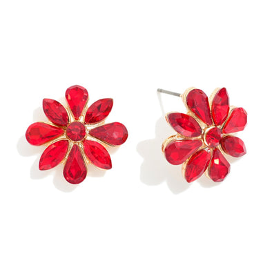 Red Rhinestone Flower Stud Earrings