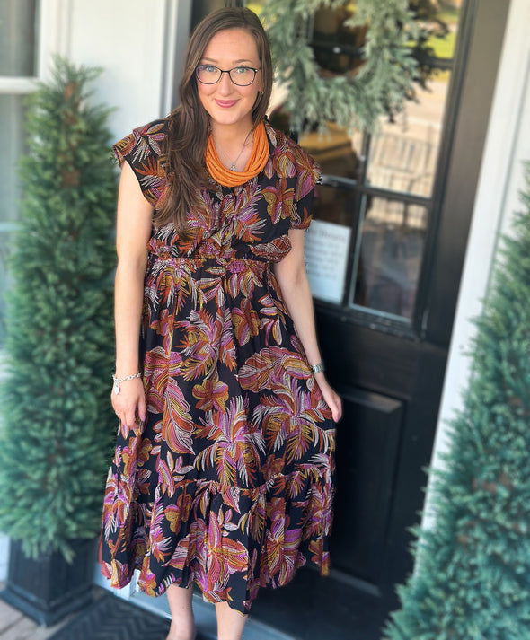 Black Floral Printed Ruffle Sleeve Midi