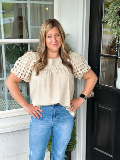 Oatmeal Linen Polka Dot Puff Sleeve Top