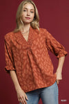 Rust Floral Jacquard V-Neck Top