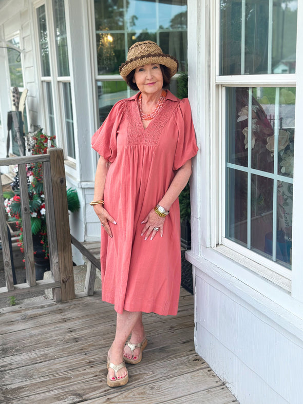 Rose Clay Smocked Front Midi Dress