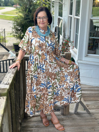 Latte Mix Floral Tiered Midi Dress