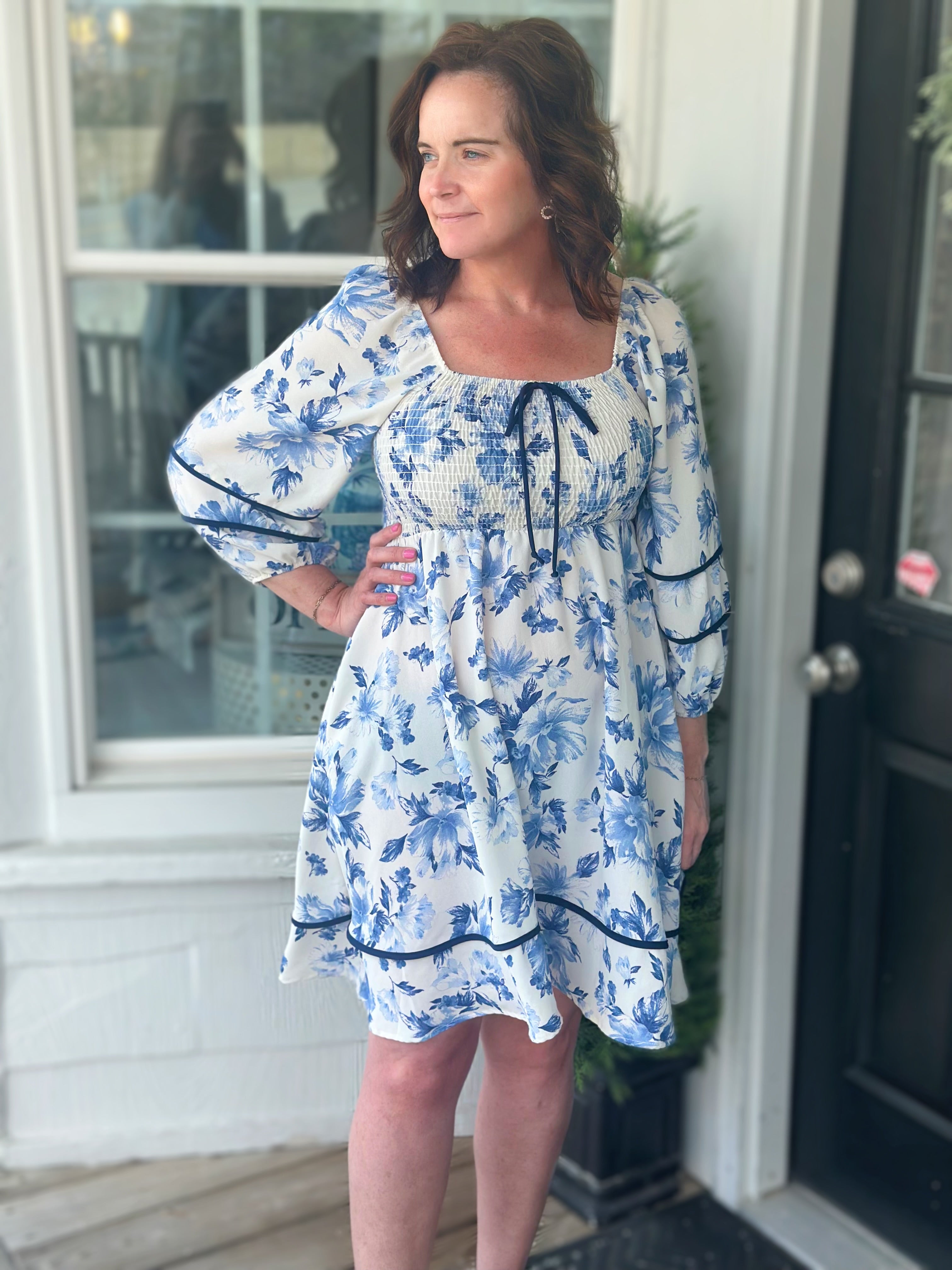 Blue and White Square Neck Navy Contrast Knee Length Dress Grace At Home Treasures Blue and White Square Neck Navy Contrast Knee Length Dress Grace At Home Treasures