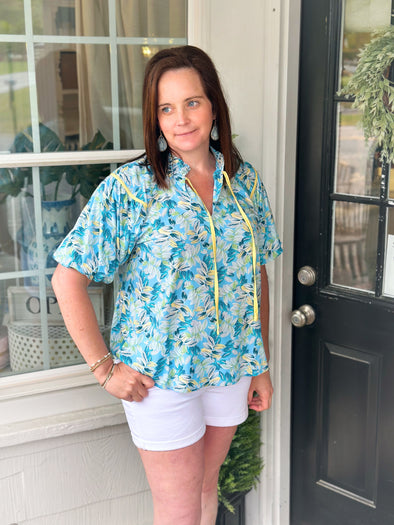 Blue and Yellow Puff Sleeve Floral Top (XS-L)