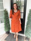 Rust Jacquard Midi Dress with Waist Tie