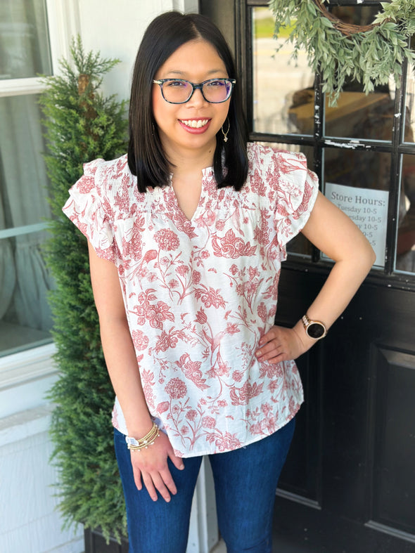 Rose Clay Floral Ruffle Sleeve Top