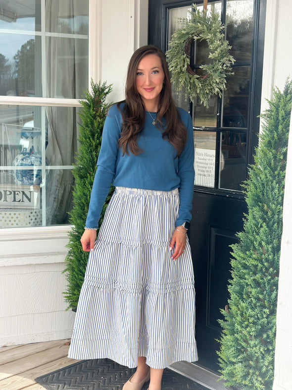 Blue Stripe Tiered Maxi Skirt